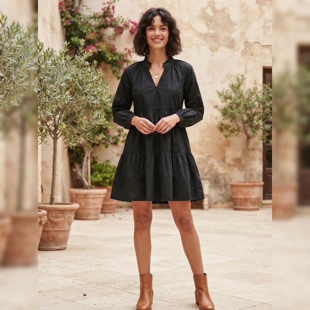 J Crew Black XS Ruffle Hem Mini Dress Long Sleeve 3205